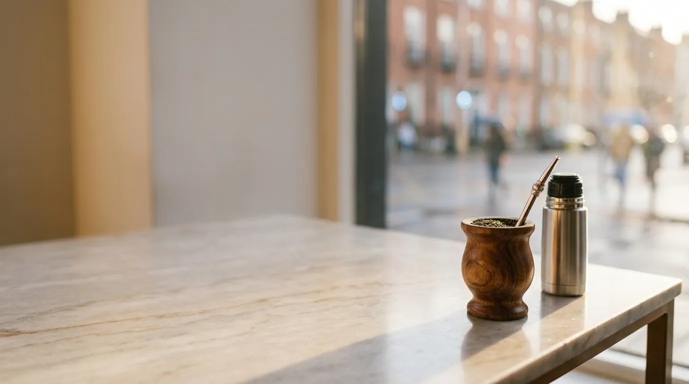 A mate gourd and bombilla beside a thermos and loose yerba on a wooden table