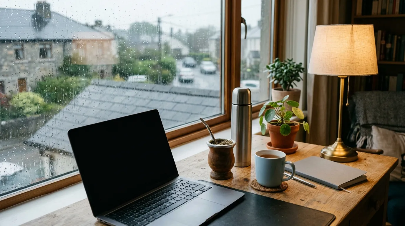A desk with paperwork, a passport and a map of Ireland